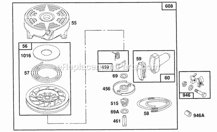 Rewind Assembly Diagram and Parts List for 123882-3420-01  Briggs and Stratton Engine